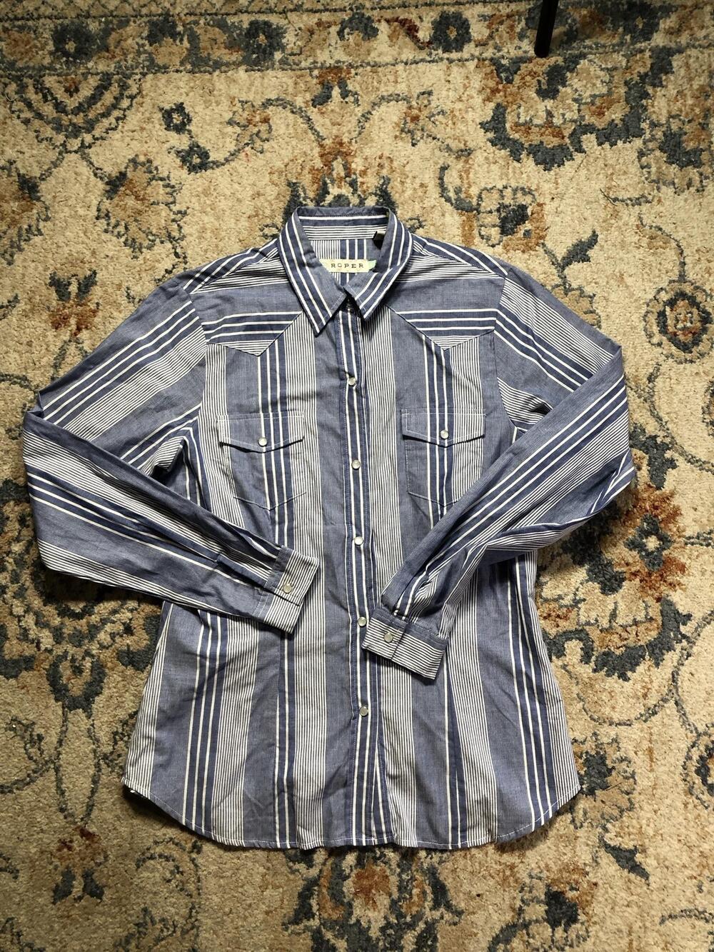 Roper Shirt Womens Medium Blue Stripe Western Snap Button Long Sleeve Cowgirl